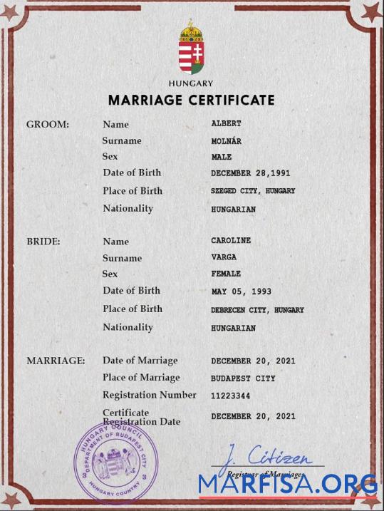 Printable Hungary marriage certificate PSD template